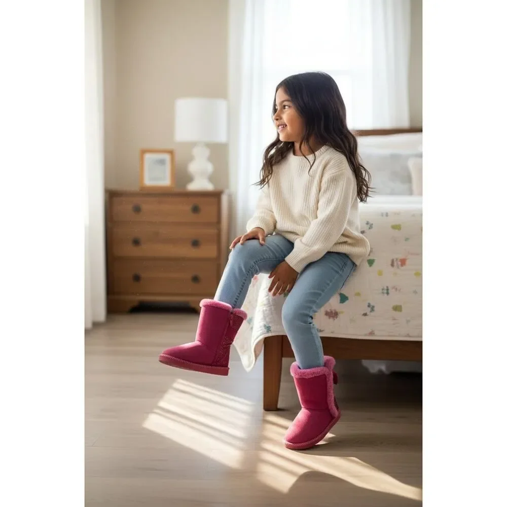 DISNEY Minnie Mouse Girls Pink Glitter Suede Sherpa Boots - Size: 10T